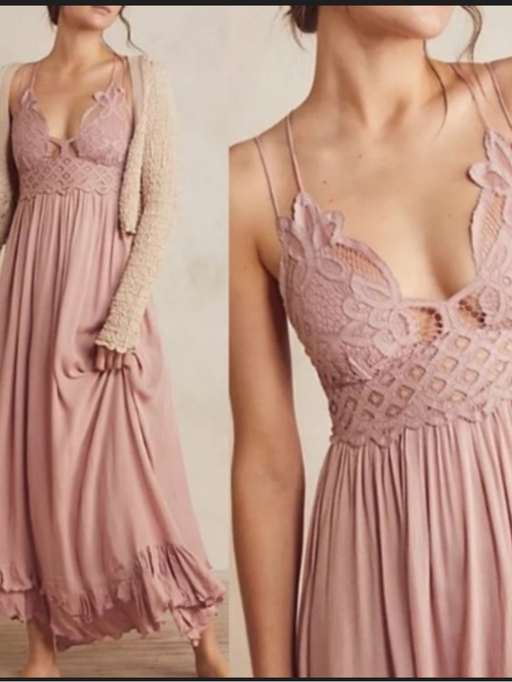 Free People Maxi Slip Dress in Dusty Rose with Lace Bodice